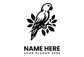 Obraz premium Graphic illustration of a parrot perched on a leafy branch in black and white.