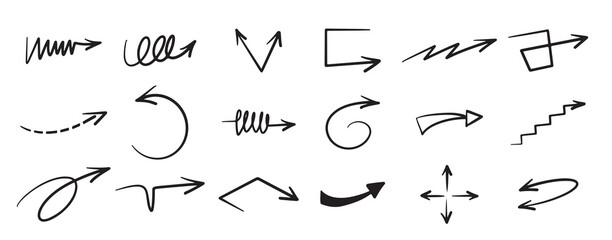 hand drawn arrow icon set isolated white background doodle vector illustration