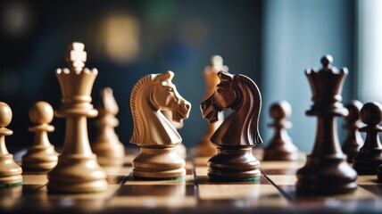 Wooden chess pieces facing off on board strategy game