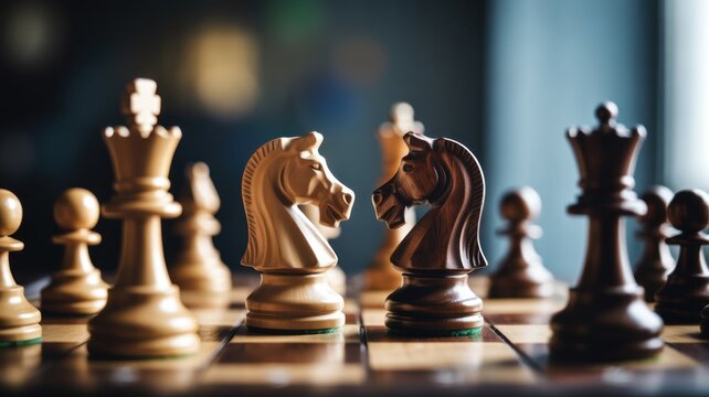 Wooden chess pieces facing off on board strategy game
