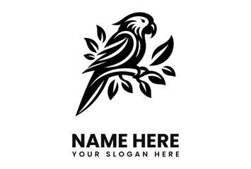 A stylized black and white illustration of a parrot perched on a leafy branch.