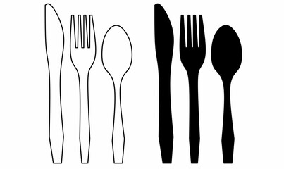 Cutlery silhouette set. knife, fork, and spoon in outline and solid black. Flat vector icons for kitchen, restaurant, menu, or food apps. Ideal for infographic or logo use.