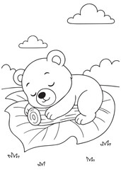 Coloring book bear sleeping peacefully on a leaf bed outdoors