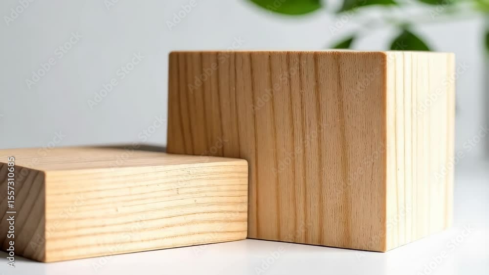 Poster minimalist product display featuring two wooden blocks and blurred green foliage against a bright, w