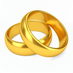 Two shiny golden wedding rings intertwined symbolizing love, commitment, and a lasting bond against a clean white background, studio shot.