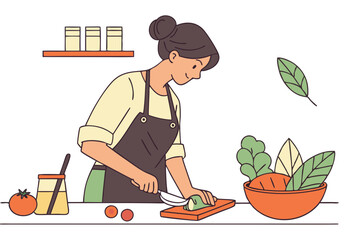Woman cooking in kitchen line drawing food preparation minimalist sketch