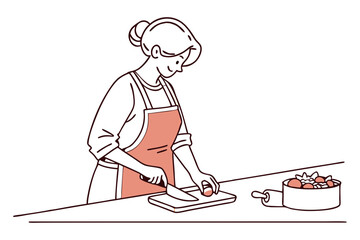 Cooking woman in kitchen scene line art culinary lifestyle illustration