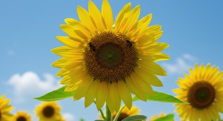 Fototapeta premium Close-up of a vibrant sunflower against a partly cloudy blue sky. Several other sunflowers are visible in the background