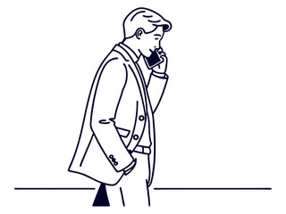 Young executive in one line sketch talking on mobile phone clean look