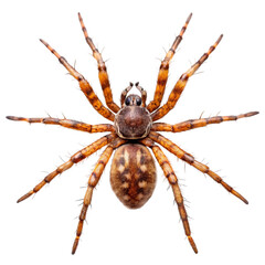 Obraz premium Detailed top view of a large brown and orange spider with hairy legs and a patterned abdomen isolated on transparent background