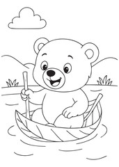 Coloring book bear rowing a small boat across a calm river.