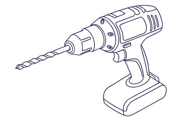 Minimalist electric drill line drawing power tools on clean background