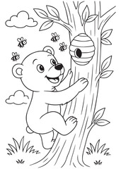 Coloring book bear climbing a tree to reach a beehive.