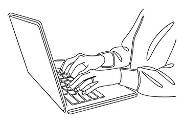 Typing hands on laptop in minimalist line drawing on white background