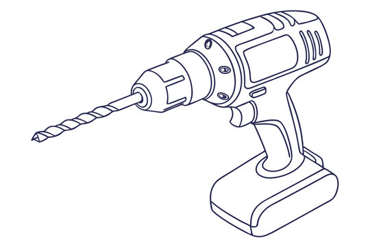 Minimalist electric drill line drawing power tools on clean background