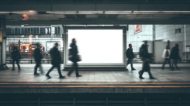 modern train station platform with a blank billboard, urban commuters walking by