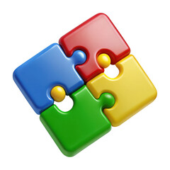 Four colorful puzzle pieces connected together isolated on transparent background