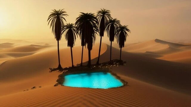Desert Oasis with Palm Trees and Water Source Arid Landscape