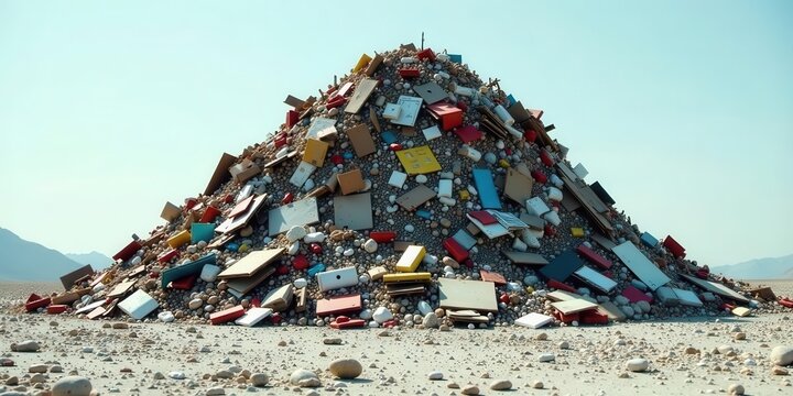 A colorful mound of discarded objects rests on a desolate, pebble-strewn plain under a clear sky, a poignant testament to consumerism and environmental impact