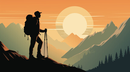 Silhouette Hiker with Backpack and Trekking Poles Enjoying Mountain Vista at Sunset or Sunrise