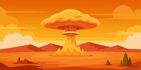 Cartoon illustration A huge explosion forms a giant mushroom cloud in the middle of a barren desert, as a form of design idea support effect
