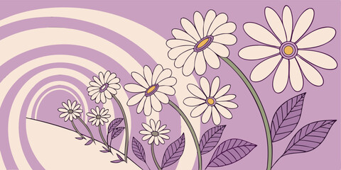 Beautiful daisies blooming with a retro swirl design in a calming purple and cream color palette suitable for spring and summer themes.