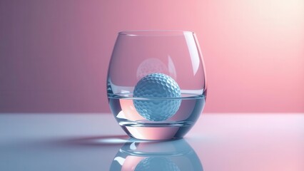 A submerged golf ball in a glass of water rests on a reflective surface against a soft pink backdrop