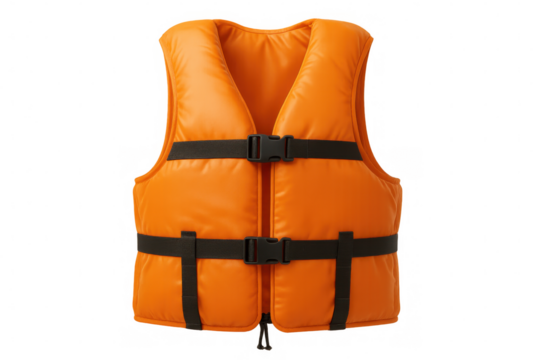 Close-up of an orange life vest, isolated on a transparent background, ready for use in water safety and rescue situations