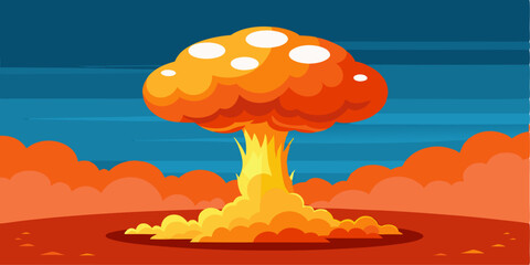 Cartoon illustration A huge explosion forms a giant mushroom cloud in the middle of a barren desert, as a form of support for the design idea effect.
