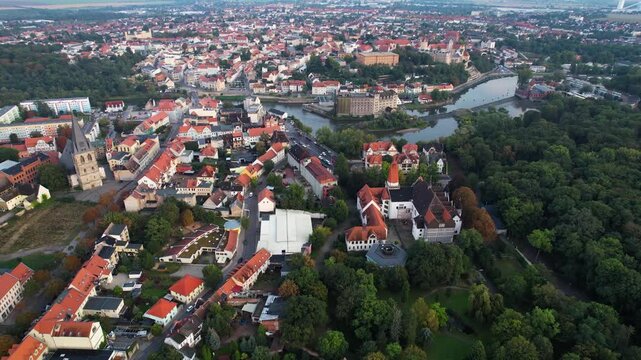 Aerial view on a sunny noon of the old town in the city Bernburg in Germany
