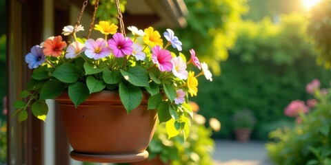 Vibrant multicolored flowers blooming in a terracotta hanging planter, bathed in warm sunlight against a lush green backdrop, creating a serene and cheerful outdoor scene.