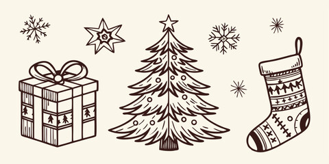 Hand drawn christmas illustration featuring a festive decorated tree wrapped gift snowflake star and patterned stocking in a retro style design.
