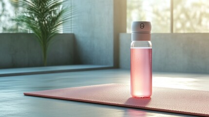 Hydration and wellness, Water bottle on yoga mat in calming studio space