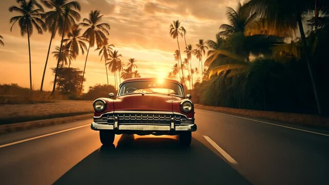 Classic vintage car driving into sunset
