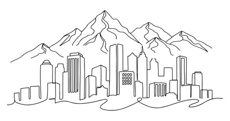 Cityscape with mountains in the background, vector line art illustration