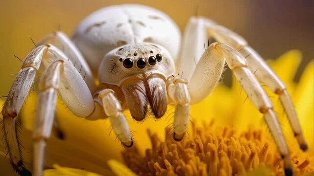 Crab spider resting on a vibrant yellow flower, revealing intricate details and textures of the spider's body and floral petals