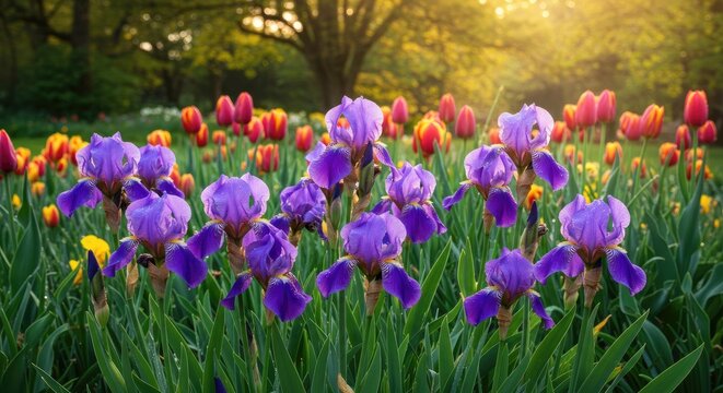 Lush springtime flowerbeds bursting with vibrant purple irises and colorful tulips in a sunlit garden