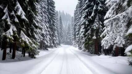 Winter scenery featuring a snow covered road leading through a dense forest of evergreen trees covered in snow on a cloudy day - Powered by Adobe