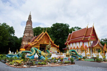 Ancient naga or antique naka statue of Wat Phra Kaew temple for thai people traveler travel visit...