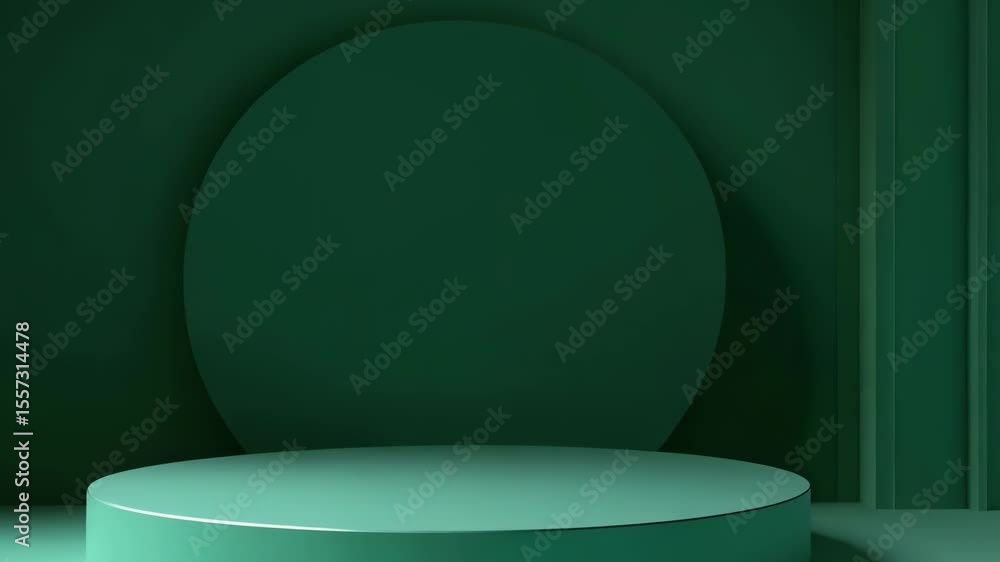 Poster Empty emerald green podium platform background for product display. Cylinder shape and circle backdrop with vertical accent lines creates modern and minimal set design.