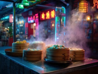 Steaming Asian dumplings with colorful neon lights and misty ambiance.