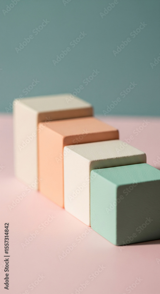 Poster pastel-colored cubes arranged as ascending steps on pink surface, creating a minimalist product disp