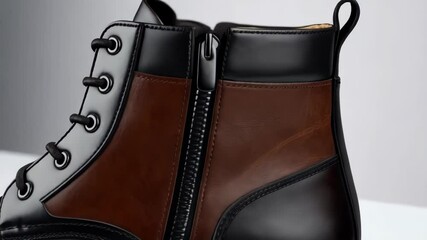Stylish two-tone leather boot, featuring lace-up and zippered closure on a light surface, showcasing quality craftsmanship and modern design elements.