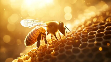 A close-up of a bee collecting nectar on honeycomb, symbolizing pollination and ecology, with golden sunlight highlighting the texture apiculture and biodiversity emphasized