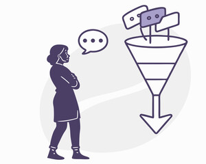 Businesswoman thinking about sales funnel process and strategies with transparency