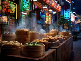 Vibrant street food stall with steaming dumplings and neon lights.