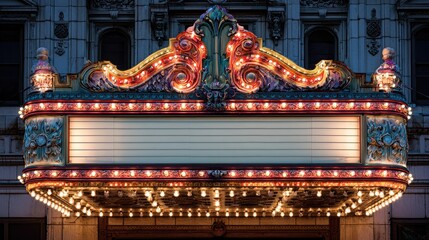 Classical theater marquee lights illuminating entrance signage with blank text area