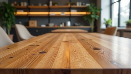 A long wooden table in a modern office space with blurred background of shelves and plants