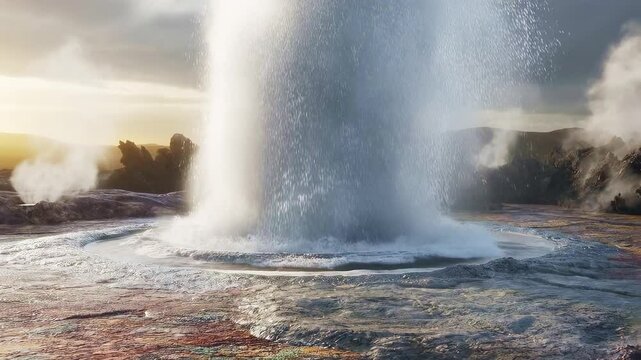 Geyser erupting in volcanic landscape