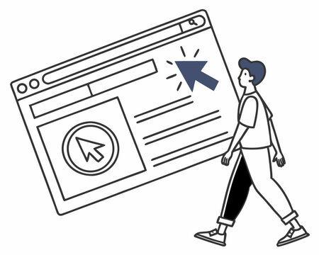 Illustration of a person walking with a web browser interface and click arrow